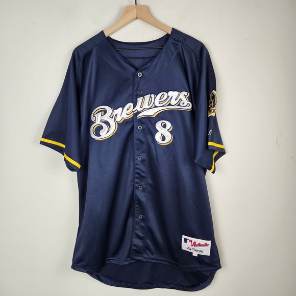 Majestic‎ Ryan Braun 8 Milwaukee Brewers Jersey 54 Applique Stitched Wheat Logo - Picture 1 of 9